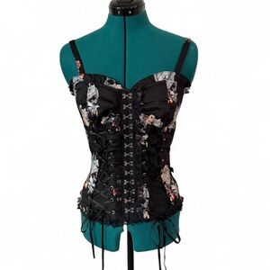 Royal Bones Black Corset-Style Floral Top lace trim skulls koi fish print